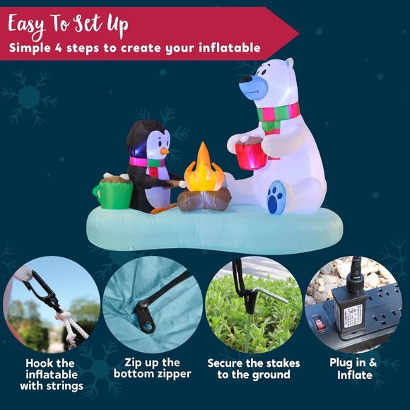⚡6 FT Christmas Inflatable Fire Bear and Penguin with Campfire Decoration - Picture 7 of 8